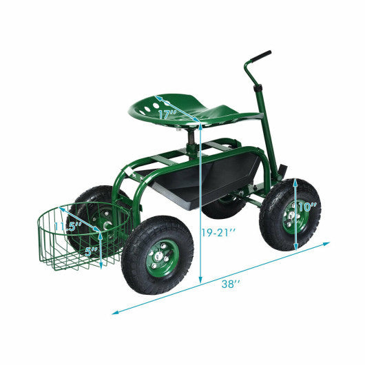 Extendable Handle Garden Cart Rolling Wagon Scooter-Green