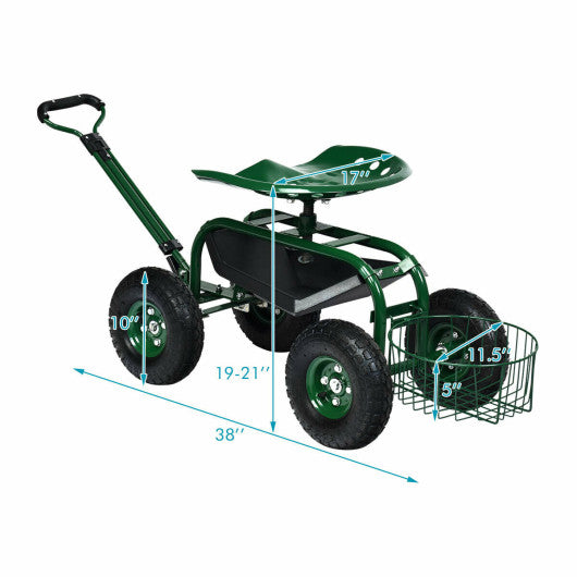 Heavy Duty Garden Cart with Tool Tray and 360 Swivel Seat-Green