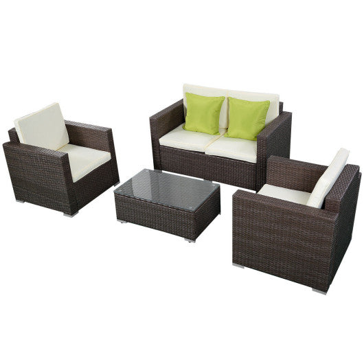 4 Pieces Brown Wicker Rattan Sofa Furniture Set Patio Garden Lawn Cushioned Seat