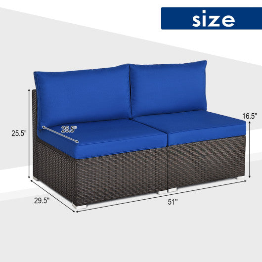 2 Pieces Patio Rattan Armless Sofa Set with 2 Cushions and 2 Pillows-Navy