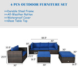 6 Pcs Patio Rattan Furniture Set with Sectional Cushion-Blue