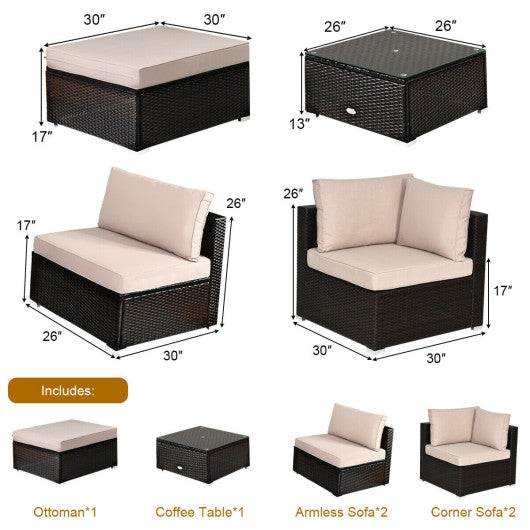 6 Pieces Outdoor Patio Rattan Furniture Set Sofa Ottoman