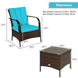 3 Pcs Patio Conversation Rattan Furniture Set with Glass Top Coffee Table and Cushions-Turquoise