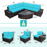 6 Piece Wicker Patio Sectional Sofa Set with Tempered Glass Coffee Table-Turquoise