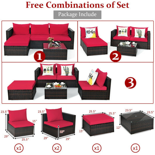 5 Pieces Patio Rattan Sectional Furniture Set with Cushions and Coffee Table-Red