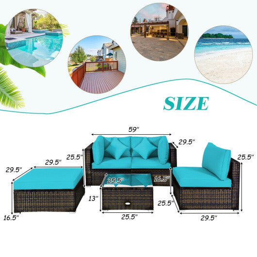 5 Pcs Outdoor Patio Rattan Furniture Set Sectional Conversation with Navy Cushions-Turquoise