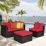 4 Pcs Ottoman Garden Deck Patio Rattan Wicker Furniture Set Cushioned Sofa-Red