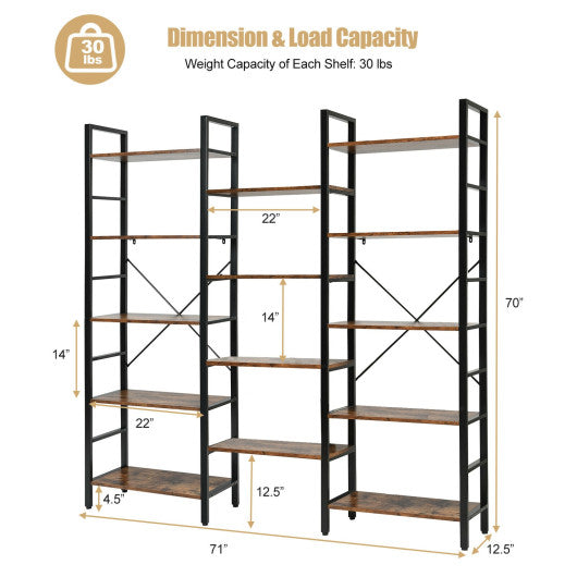 Vintage Triple Wide 5-Tier Bookcase Large Bookshelf Display Storage Shelf-Brown