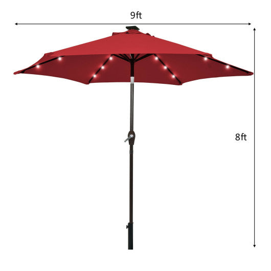 9 Feet Solar LED Lighted Patio Market Umbrella Tilt Adjustment Crank Lift-Dark Red