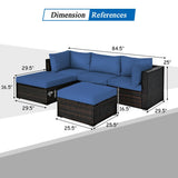 5 Pieces Patio Rattan Sofa Set with Cushion and Ottomans-Navy