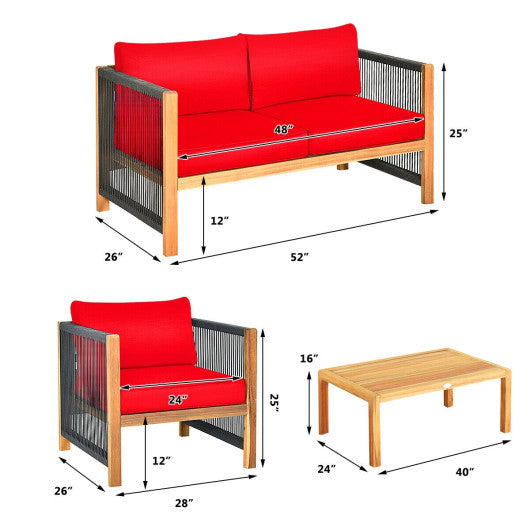 4 Pieces Acacia Wood Outdoor Patio Furniture Set with Cushions-Red