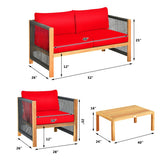 4 Pieces Acacia Wood Outdoor Patio Furniture Set with Cushions-Red