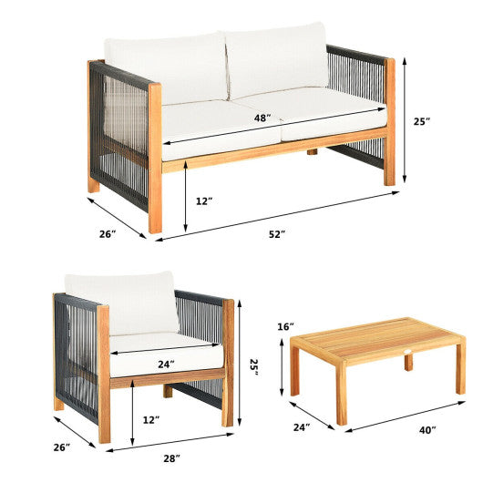 4 Pieces Acacia Wood Outdoor Patio Furniture Set with Cushions-White