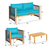 4 Pieces Acacia Wood Outdoor Patio Furniture Set with Cushions-Turquoise