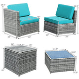 8 Piece Wicker Sofa Rattan Dinning Set Patio Furniture with Storage Table-Turquoise