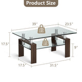Rectangle Glass Coffee Table with Metal Legs for Living Room-Brown