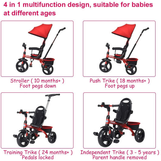 4-in-1 Kids Tricycle with Adjustable Push Handle-Red