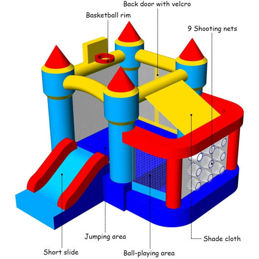 Castle Slide Inflatable Bounce House with Ball Pit and Basketball Hoop