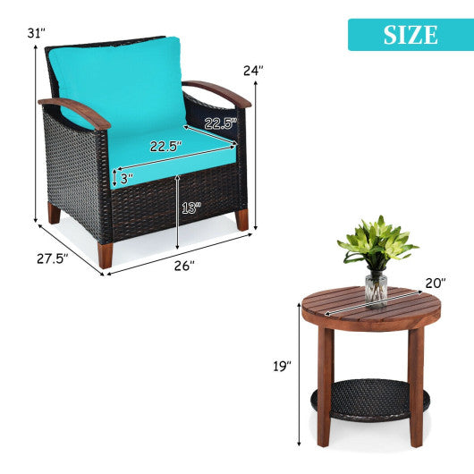 3 Pieces Patio Rattan Furniture Set with Washable Cushion and Acacia Wood Tabletop-Turquoise