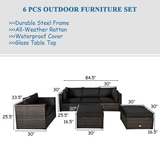 6 Pcs Patio Rattan Furniture Set with Sectional Cushion-Black