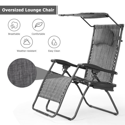 Folding Recliner Lounge Chair with Shade Canopy Cup Holder-Gray