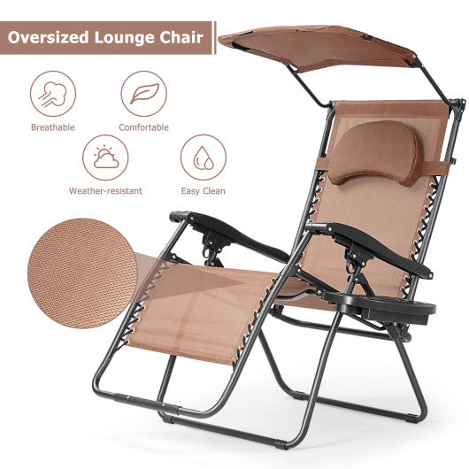 Folding Recliner Lounge Chair with Shade Canopy Cup Holder-Brown