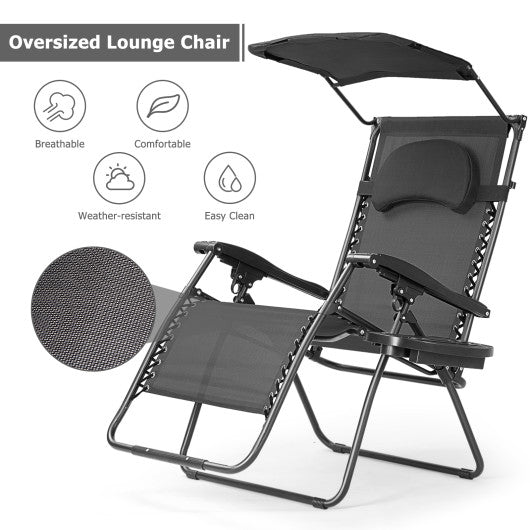 Folding Recliner Lounge Chair with Shade Canopy Cup Holder-Black