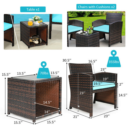 3 Pieces PE Rattan Wicker Furniture Set with Cushion Sofa Coffee Table for Garden-Turquoise