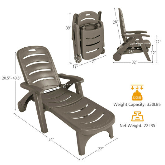 5 Position Adjustable Folding Lounger Chaise Chair on Wheels-Brown