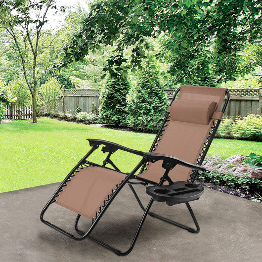 Outdoor Folding Zero Gravity Reclining Lounge Chair with Utility Tray-Brown