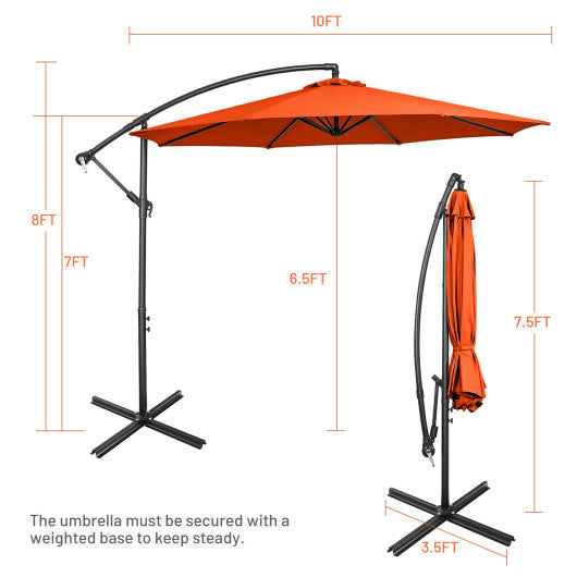 10 Feet Offset Umbrella with 8 Ribs Cantilever and Cross Base-Orange