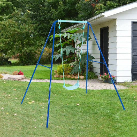 Outdoor Kids Swing Set with Heavy-Duty Metal A-Frame and Ground Stakes-Blue