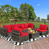 7 Pieces Patio Rattan Furniture Set Sectional Sofa Garden Cushion-Red