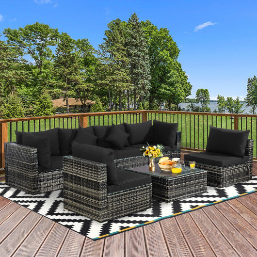 7 Pieces Patio Rattan Furniture Set Sectional Sofa Garden Cushion-Black