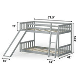 Twin over Twin Bunk Wooden Low Bed with Slide Ladder for Kids-Gray
