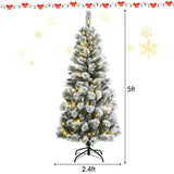 5 Feet Pre-Lit Hinged Christmas Tree Snow Flocked with 9 Lighting Modes