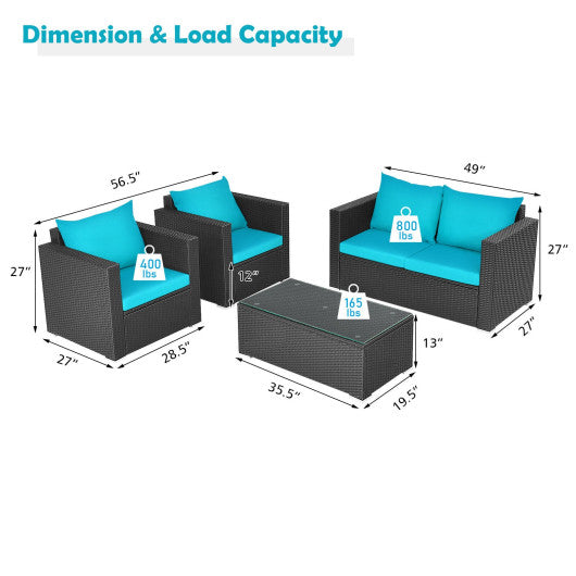 4Pcs Patio Rattan Cushioned Furniture Set-Turquoise