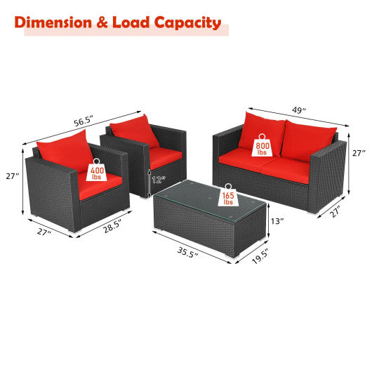 4 Pieces Patio Rattan Conversation Set with Cushions and Coffee Table-Red