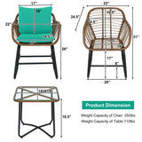 3 Pieces Patio Rattan Bistro Set Cushioned Chair Glass Table Deck-Turquoise