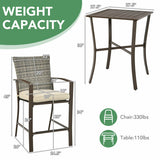 3 Pieces Rattan Bar Furniture Set with Slat Table and 2 Cushioned Stools-Brown