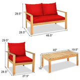 Outdoor 4 Pieces Acacia Wood Chat Set with Water Resistant Cushions-Red