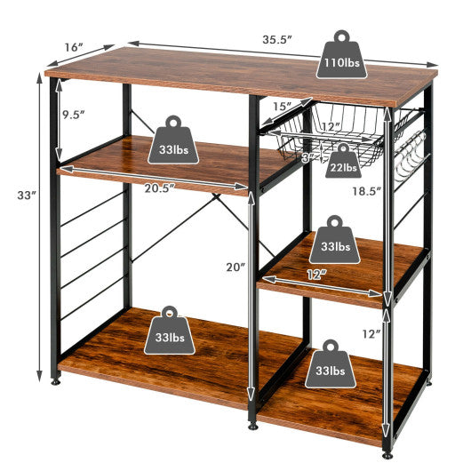 Industrial Kitchen Baker's Rack Microwave Shelf with 6 Hooks-Brown