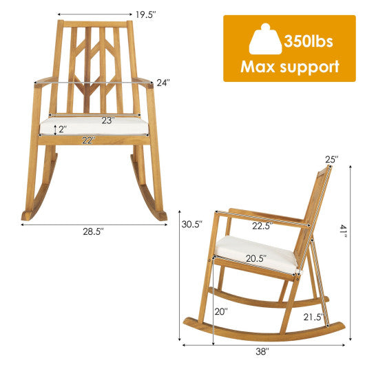 Patio Acacia Wood Rocking Chair Sofa with Armrest and Cushion for Garden and Deck-White