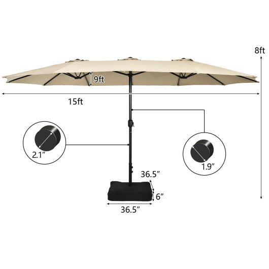 15 Feet Double-Sided Twin Patio Umbrella with Crank and Base-Beige