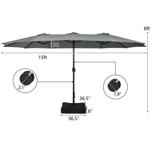 15 Feet Double-Sided Twin Patio Umbrella with Crank and Base-Gray