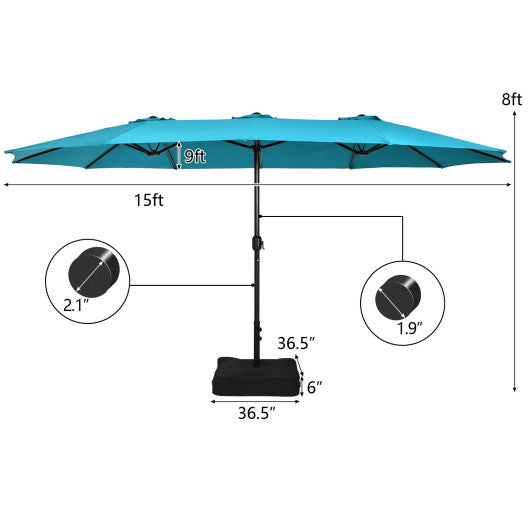 15 Feet Double-Sided Twin Patio Umbrella with Crank and Base-Turquoise