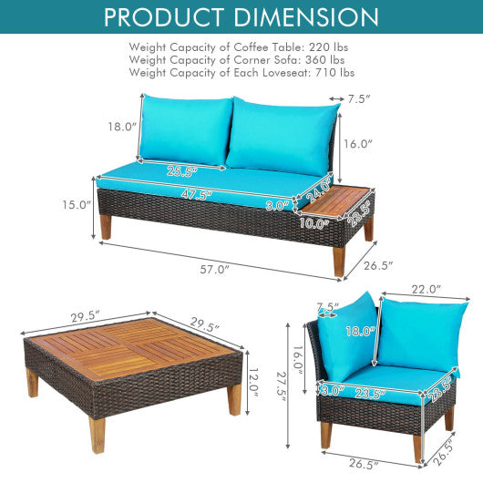 4 Pieces Patio Cushioned Rattan Furniture Set with Wooden Side Table-Turquoise