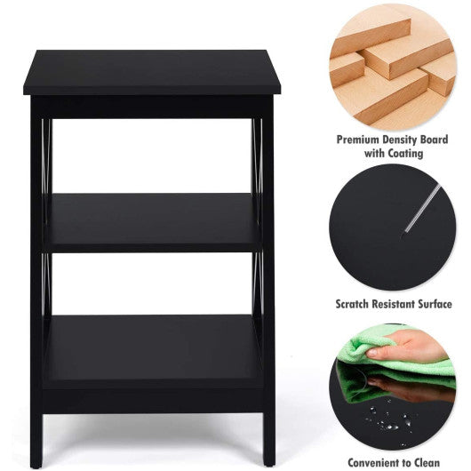 3-Tier X-Design Nightstands with Storage Shelves for Living Room Bedroom-Black