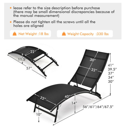 2 Pieces Patio Folding and Stackable Chaise Lounge Chair with 5-Position Adjustment-Black