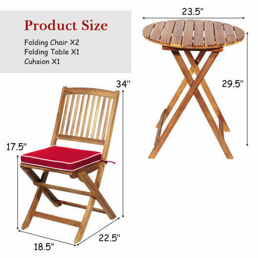 3 Pieces Patio Folding Bistro Set with Padded Cushion and Round Coffee Table-Red